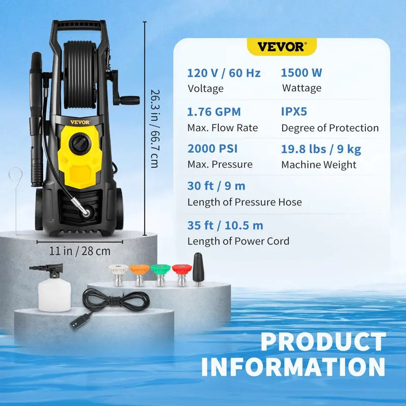 VEVOR Electric Pressure Washer 2000 PSI 1.76 GPM With 30 Ft Hose Reel - VV-GYQXJ-1.76D