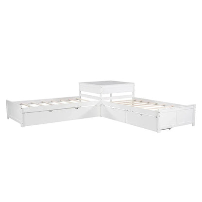 White Twin Size L-Shaped Platform Bed With Trundle And 2 Drawers