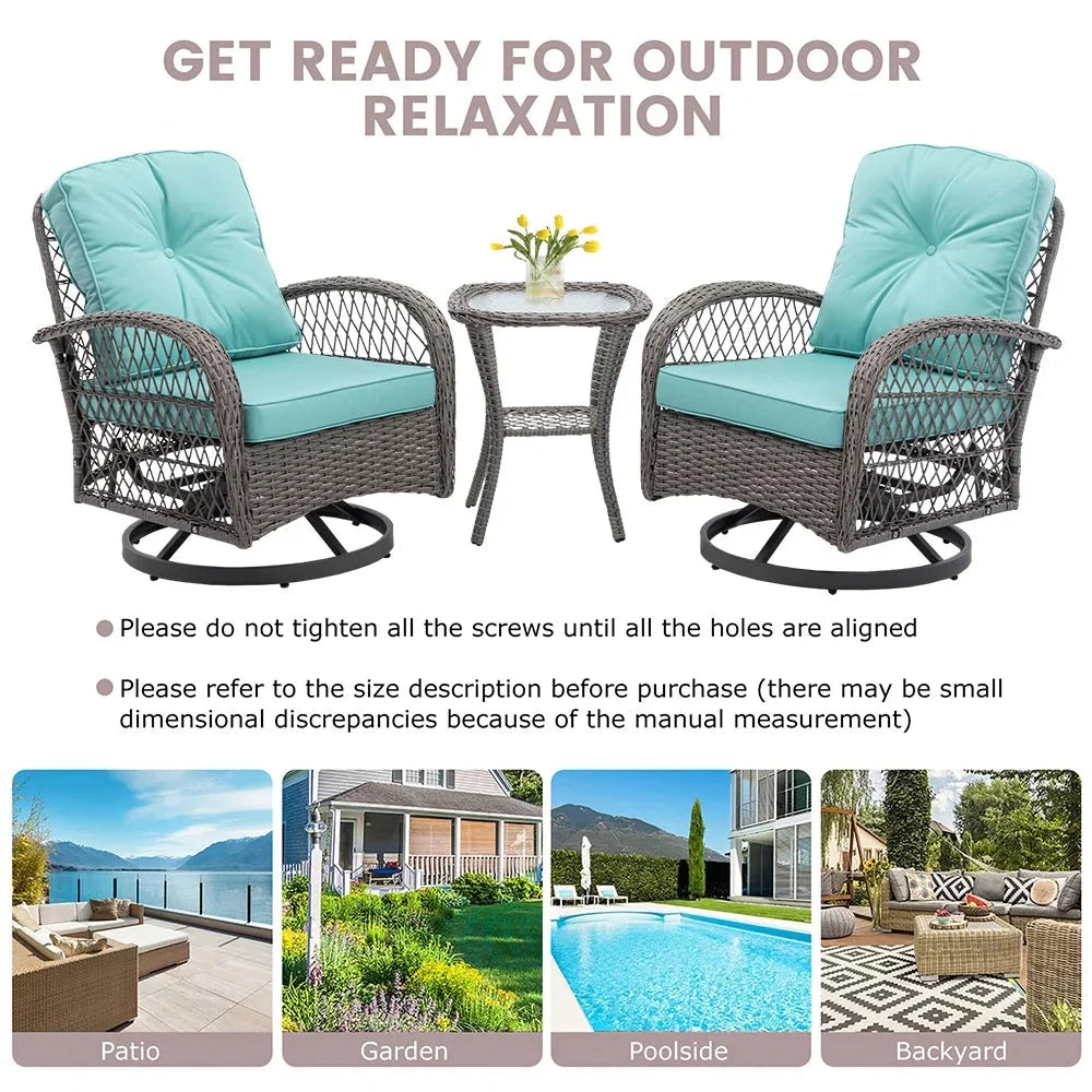 3-Piece Patio Swivel Rocking Chair Set With Glass Top Table - 2 Chairs