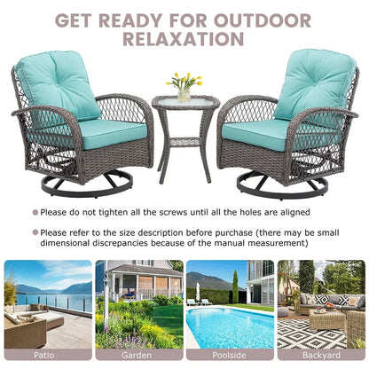 3-Piece Patio Swivel Rocking Chair Set With Glass Top Table - 2 Chairs