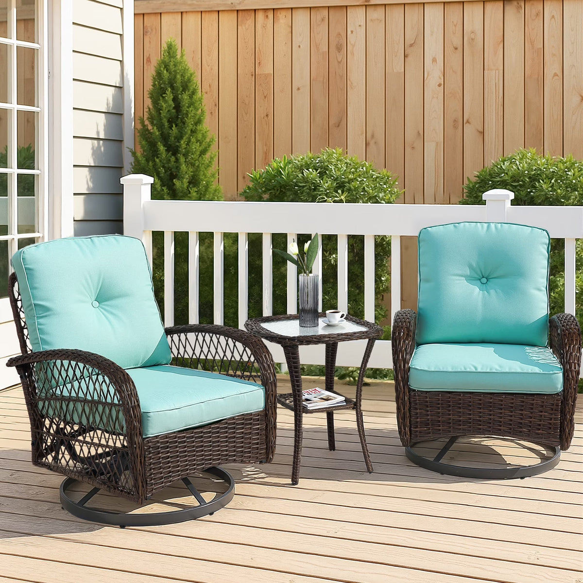 3-Piece Patio Swivel Rocking Chair Set With Glass Top Table - 2 Chairs