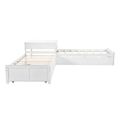 White Twin Size L-Shaped Platform Bed With Trundle And 2 Drawers