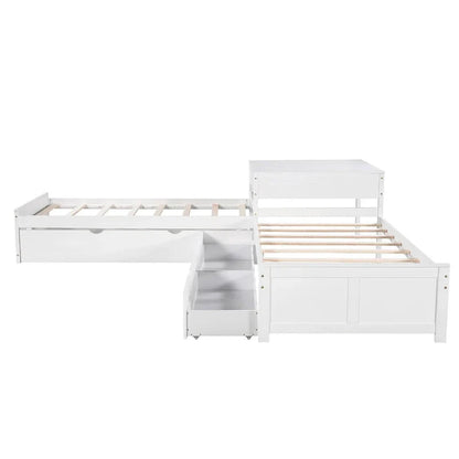 White Twin Size L-Shaped Platform Bed With Trundle And 2 Drawers