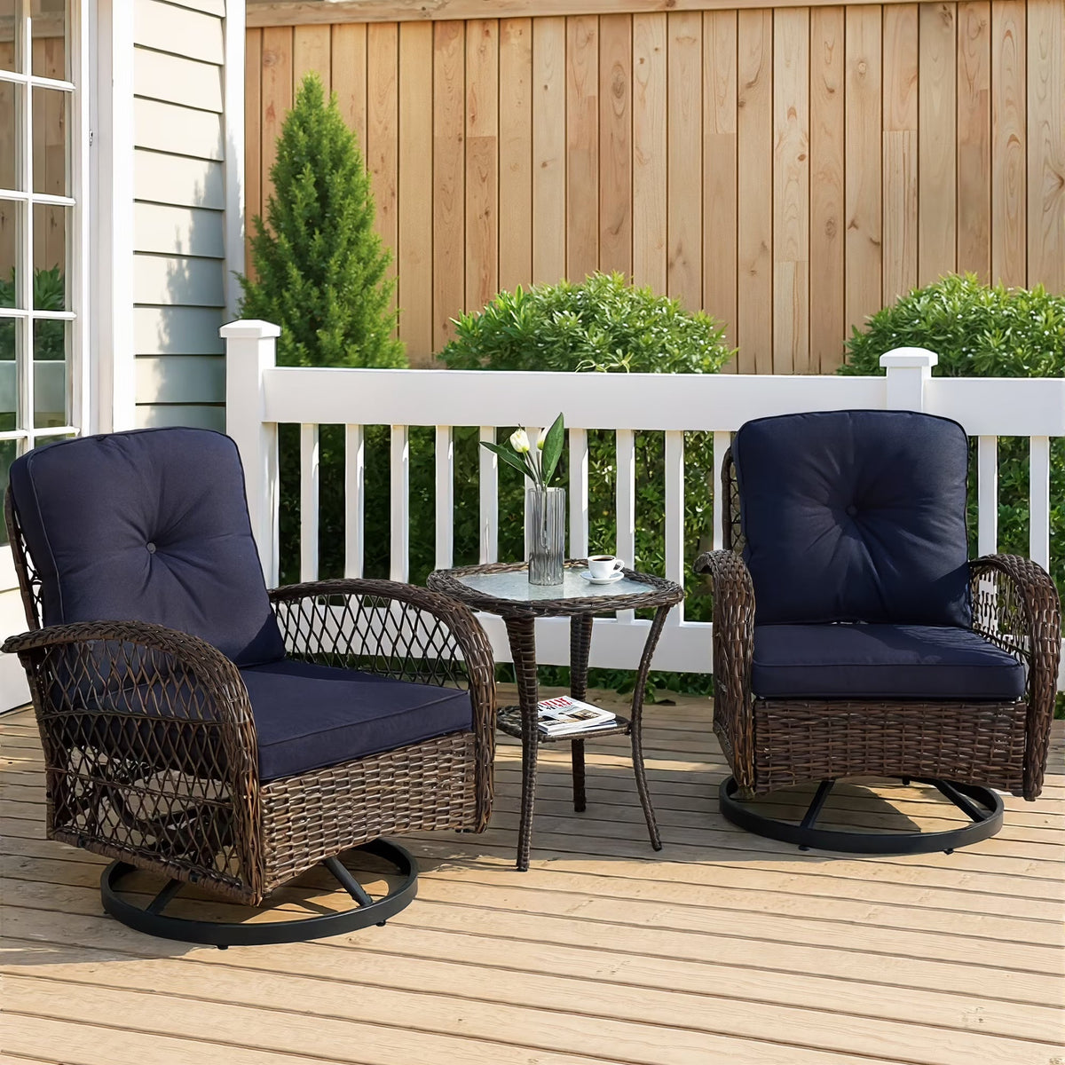 3-Piece Patio Swivel Rocking Chair Set With Glass Top Table - 2 Chairs