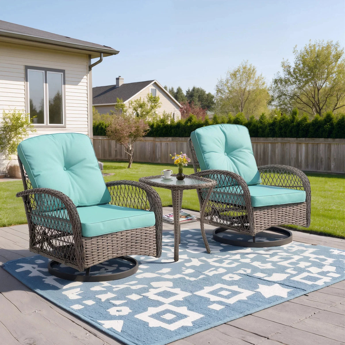 3-Piece Patio Swivel Rocking Chair Set With Glass Top Table - 2 Chairs