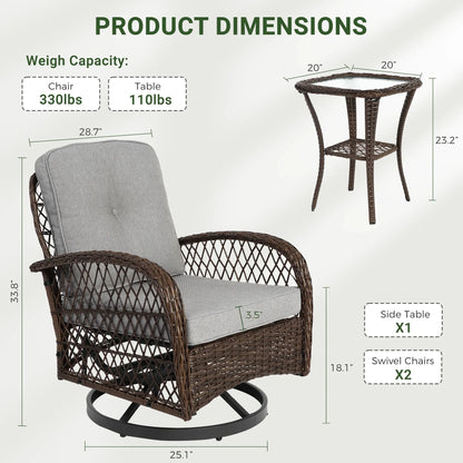 3-Piece Patio Swivel Rocking Chair Set With Glass Top Table - 2 Chairs