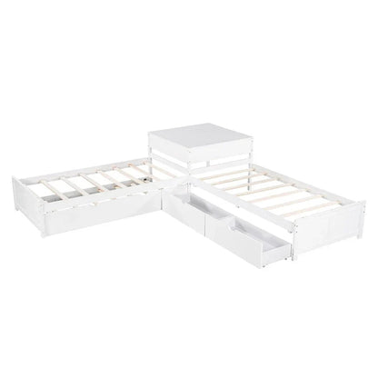 White Twin Size L-Shaped Platform Bed With Trundle And 2 Drawers