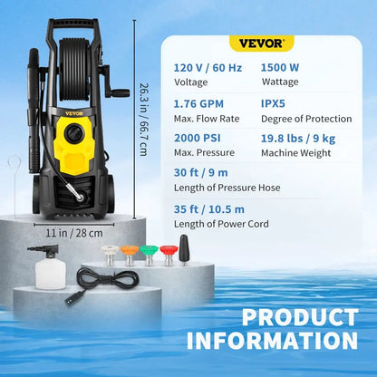 VEVOR Electric Pressure Washer 2000 PSI 1.76 GPM With 30 Ft Hose Reel - VV-GYQXJ-1.76D