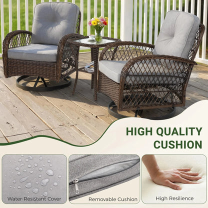 3-Piece Patio Swivel Rocking Chair Set With Glass Top Table - 2 Chairs