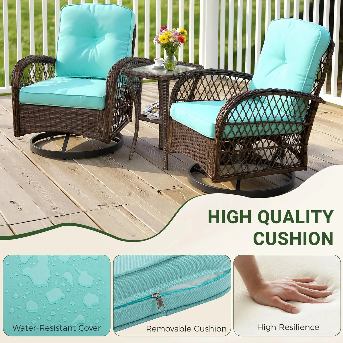 3-Piece Patio Swivel Rocking Chair Set With Glass Top Table - 2 Chairs