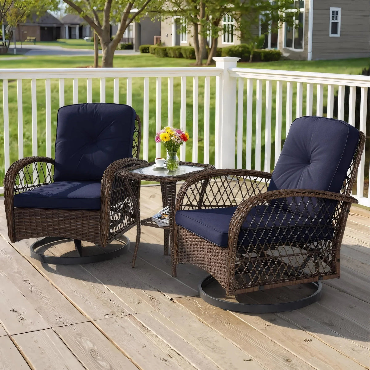 3-Piece Patio Swivel Rocking Chair Set With Glass Top Table - 2 Chairs