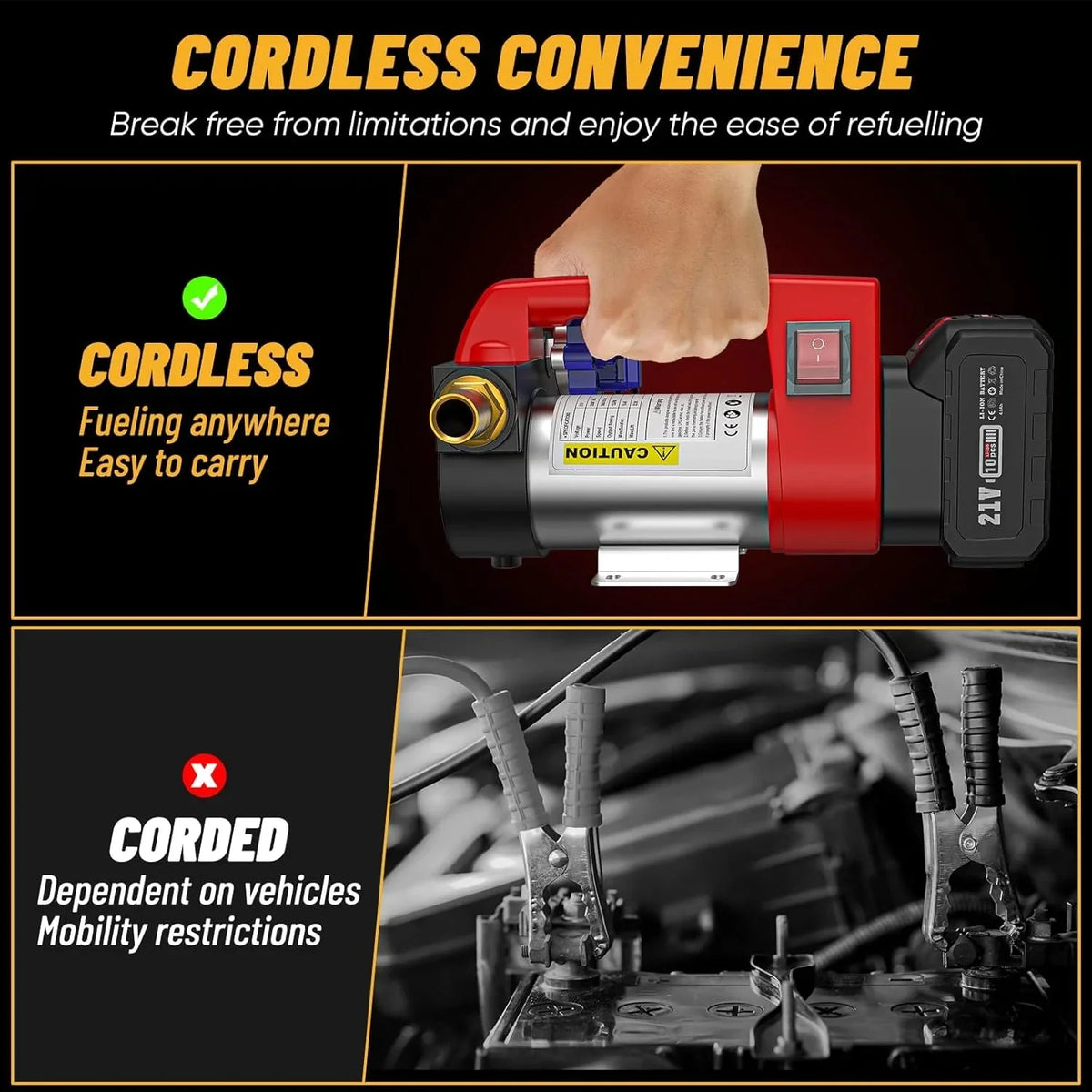 TaskStar 260W Cordless Diesel Kerosene Fuel Transfer Pump Kit, 12 GPM, 21V 4.0Ah Battery, 2 x 6.6 ft Hoses