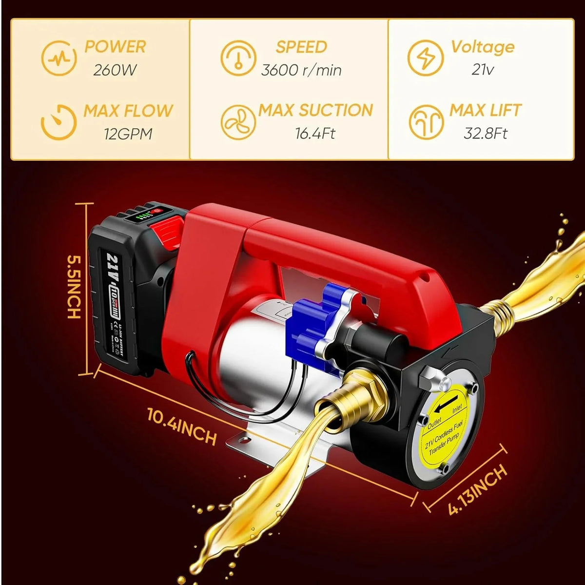 TaskStar 260W Cordless Diesel Kerosene Fuel Transfer Pump Kit, 12 GPM, 21V 4.0Ah Battery, 2 x 6.6 ft Hoses