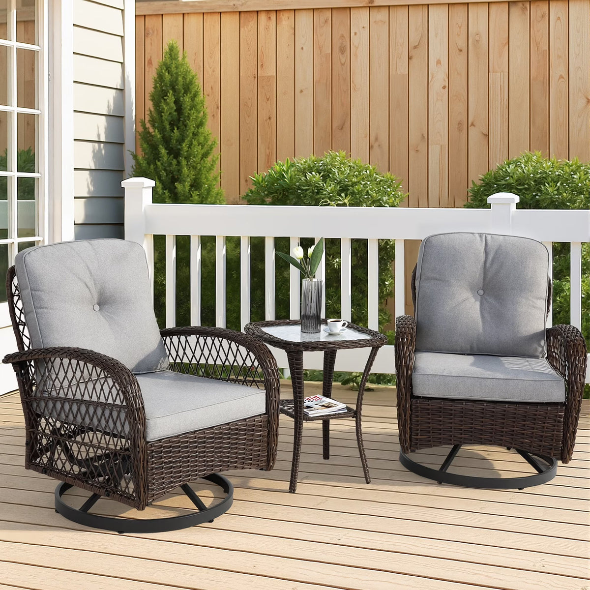 3-Piece Patio Swivel Rocking Chair Set With Glass Top Table - 2 Chairs