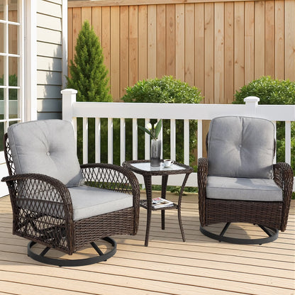 3-Piece Patio Swivel Rocking Chair Set With Glass Top Table - 2 Chairs