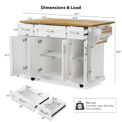 Kitchen Island Cart With Wood Drop Leaf, 54.1 x 29.5 x 35.9 Inches, White