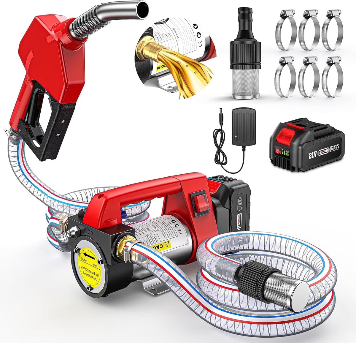 TaskStar 260W Cordless Diesel Kerosene Fuel Transfer Pump Kit, 12 GPM, 21V 4.0Ah Battery, 2 x 6.6 ft Hoses