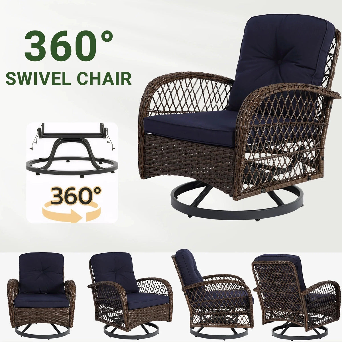 3-Piece Patio Swivel Rocking Chair Set With Glass Top Table - 2 Chairs