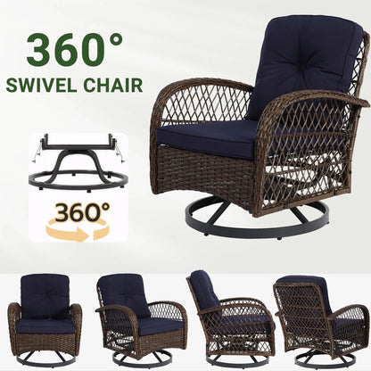 3-Piece Patio Swivel Rocking Chair Set With Glass Top Table - 2 Chairs