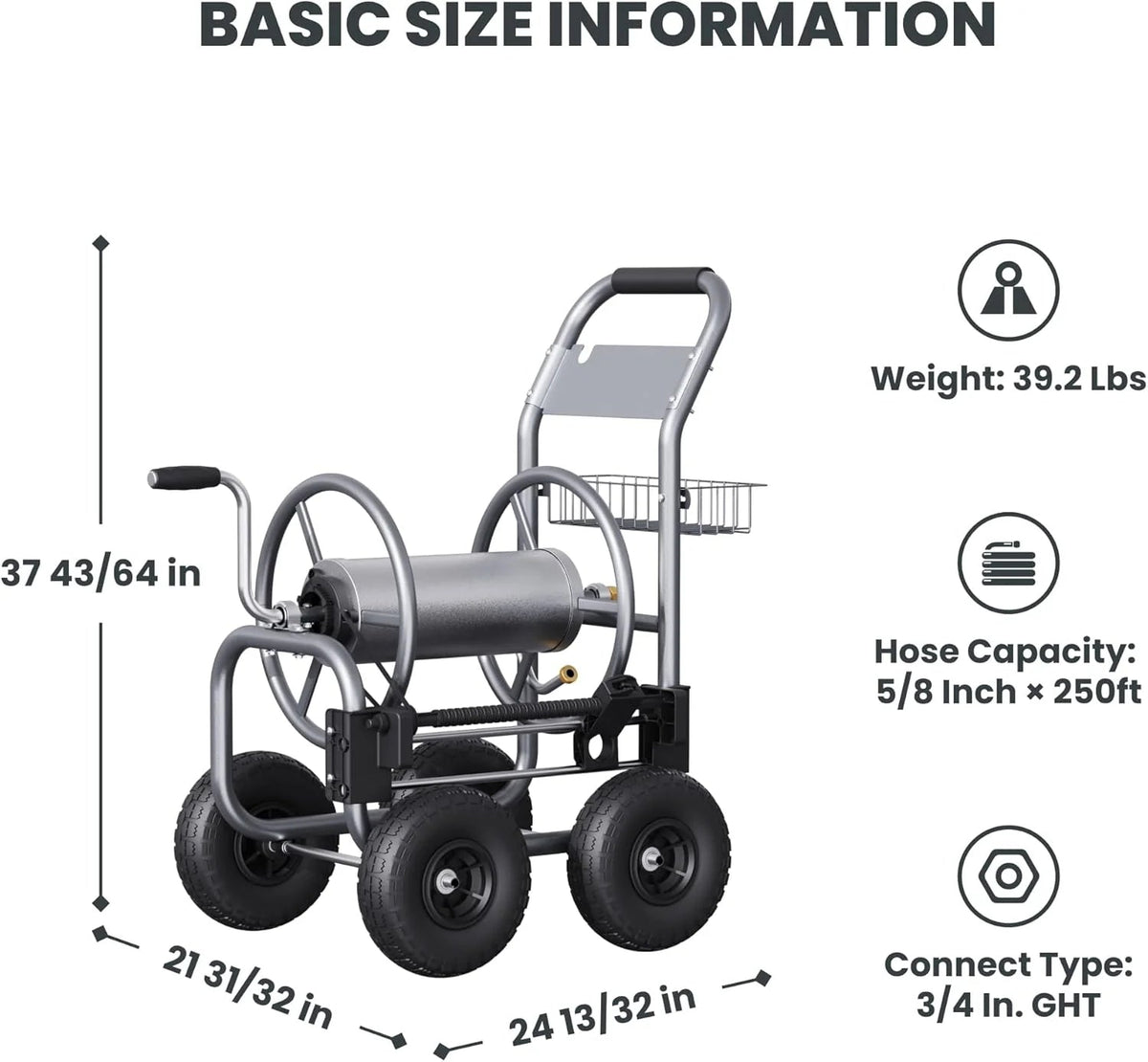 Giraffe Tools Heavy Duty Garden Hose Reel Cart With Wheels, 5/8in-250ft Hose Capacity