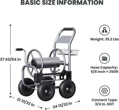 Giraffe Tools Heavy Duty Garden Hose Reel Cart With Wheels, 5/8in-250ft Hose Capacity
