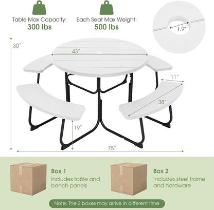 Giantex Round Outdoor Picnic Table And Bench Set, 43in, White, Up To 8 Persons