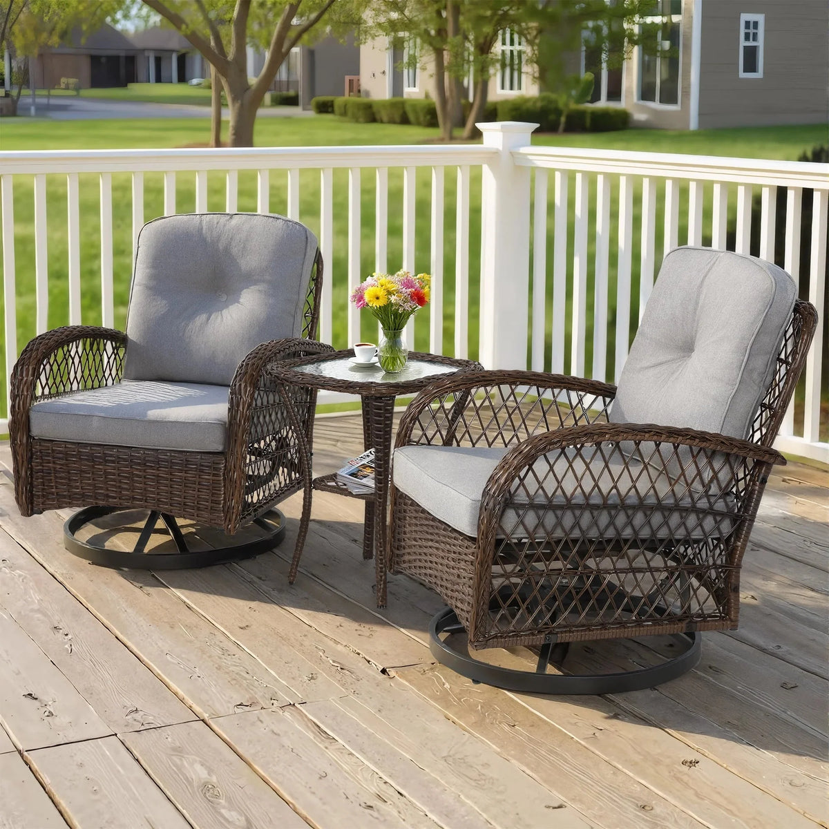 3-Piece Patio Swivel Rocking Chair Set With Glass Top Table - 2 Chairs