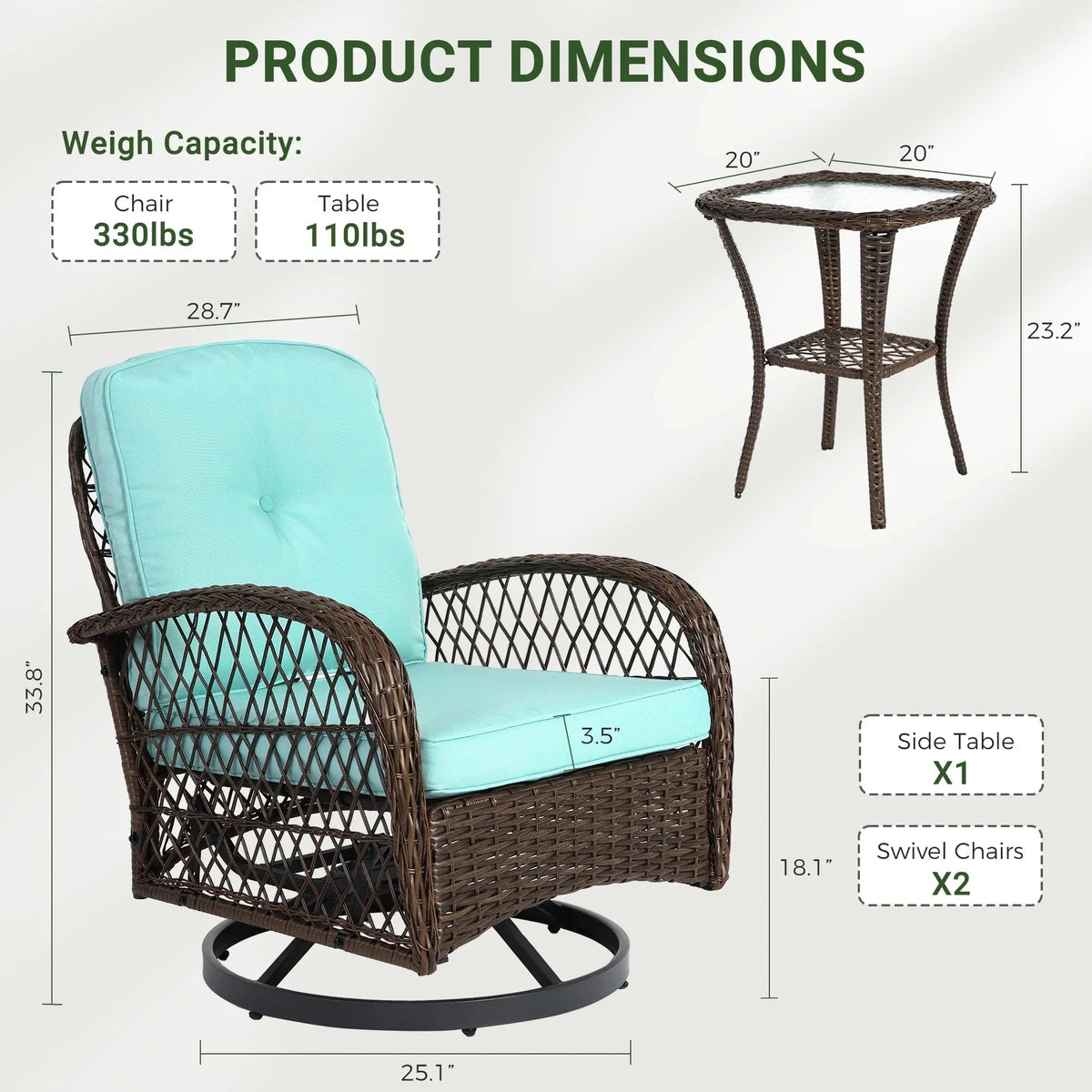 3-Piece Patio Swivel Rocking Chair Set With Glass Top Table - 2 Chairs