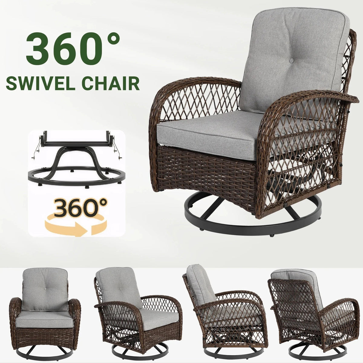 3-Piece Patio Swivel Rocking Chair Set With Glass Top Table - 2 Chairs