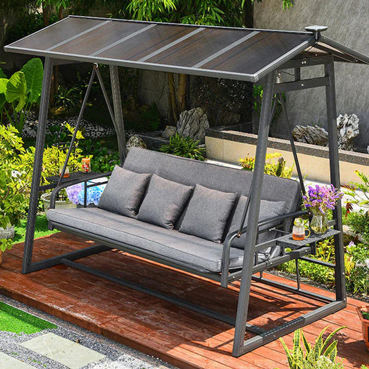 Outdoor Swing With Removable Canopy And 4 Grey Pillows