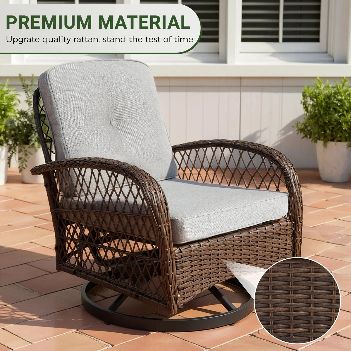 3-Piece Patio Swivel Rocking Chair Set With Glass Top Table - 2 Chairs