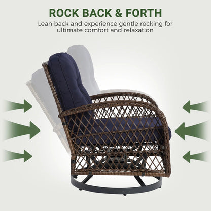 3-Piece Patio Swivel Rocking Chair Set With Glass Top Table - 2 Chairs