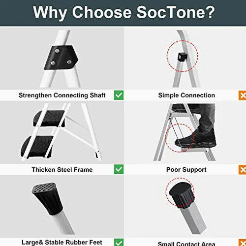 SocTone 3 Step Folding Step Ladder With Handle - 500 lb Capacity