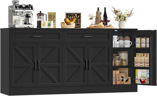 71 Inch Farmhouse Sideboard Buffet Cabinet With Adjustable Shelves And 2 Drawers - Black