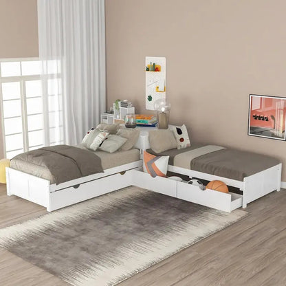 White Twin Size L-Shaped Platform Bed With Trundle And 2 Drawers