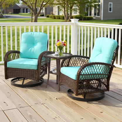 3-Piece Patio Swivel Rocking Chair Set With Glass Top Table - 2 Chairs