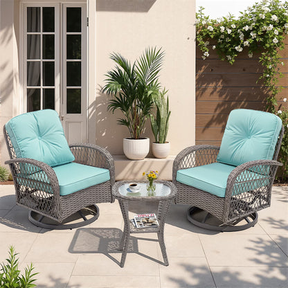 3-Piece Patio Swivel Rocking Chair Set With Glass Top Table - 2 Chairs