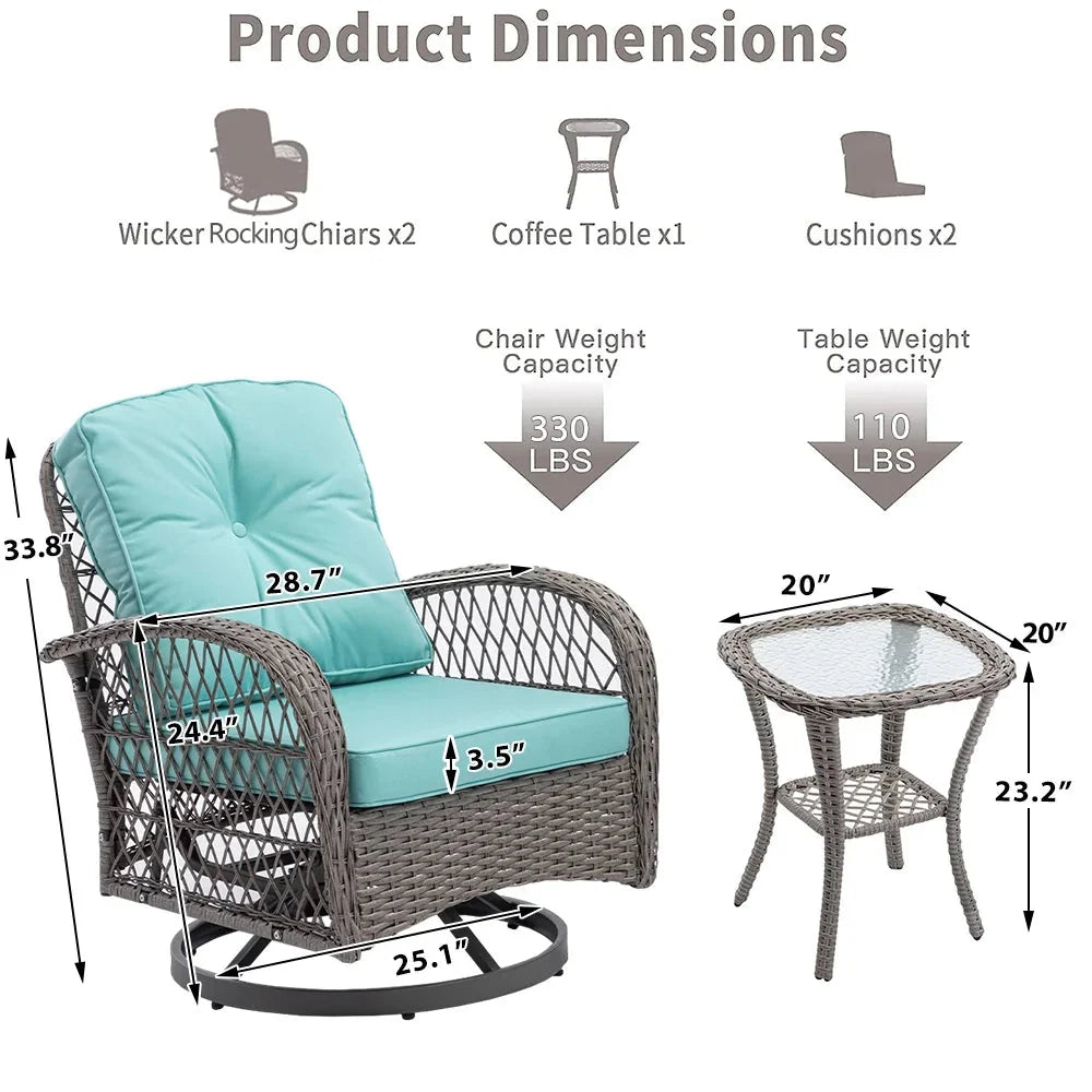 3-Piece Patio Swivel Rocking Chair Set With Glass Top Table - 2 Chairs
