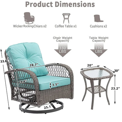 3-Piece Patio Swivel Rocking Chair Set With Glass Top Table - 2 Chairs